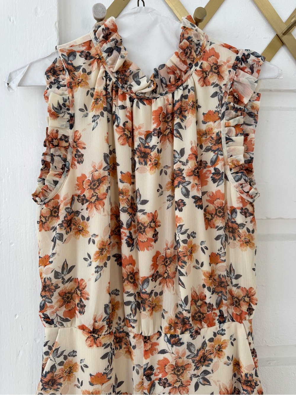 Floral Ruffle Sleeveless Jumpsuit in Cream and Orange
